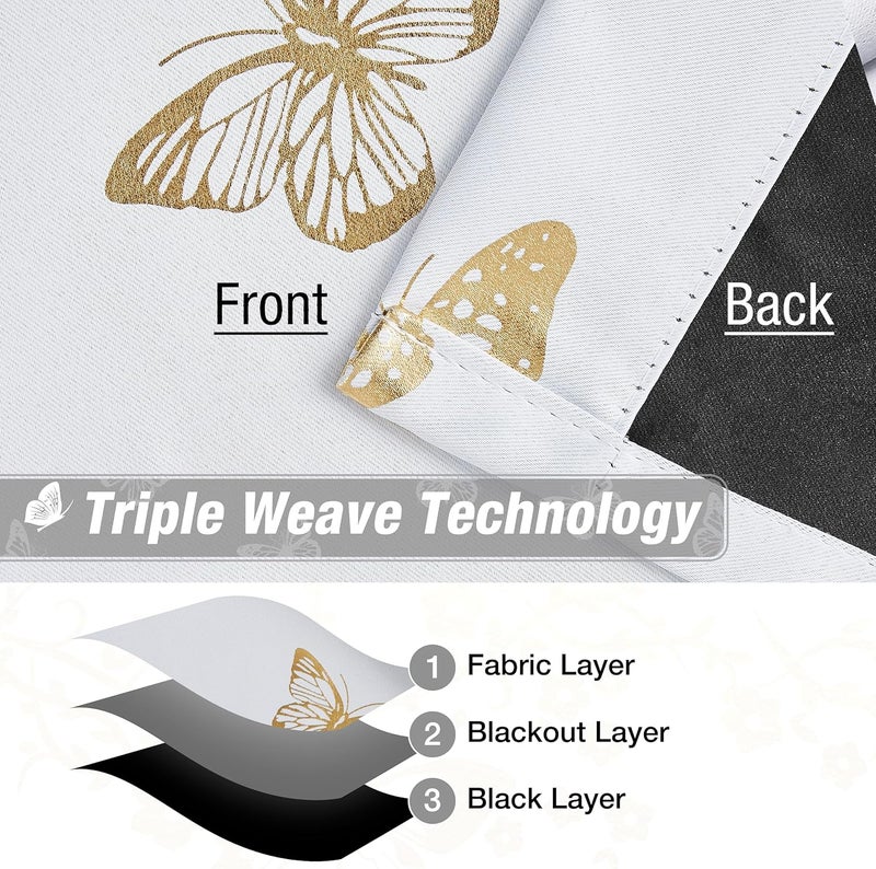 Jubilantex Metallic Butterfly Blackout Curtains 54" Long for Small Window Greyish White and Gold Print Butterfly Curtains Energy Saving Grommet Top for Bedroom Girls Room,52 W - Image 5